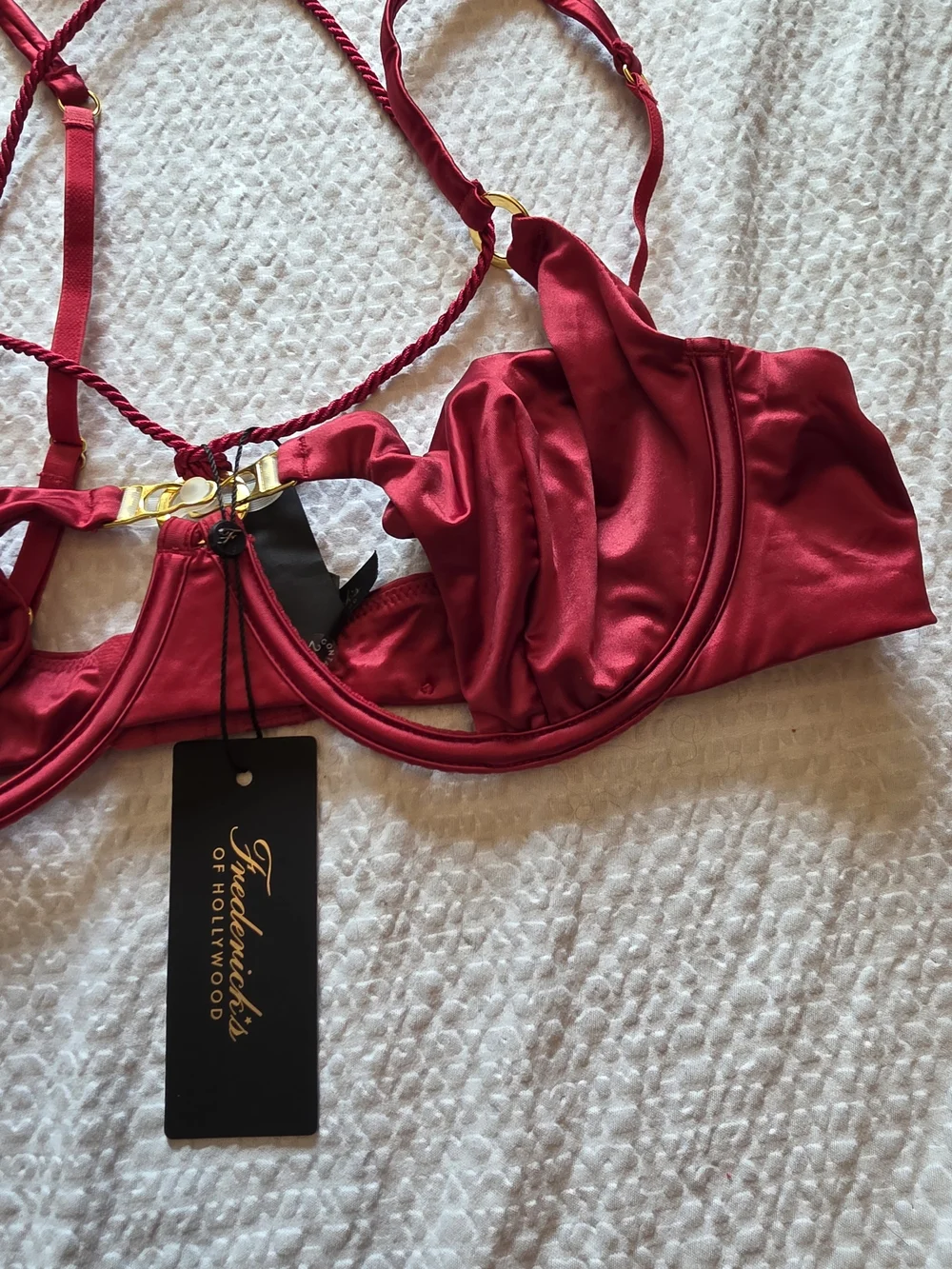Frederick's of Hollywood Crimson Satin Underwire Bra with Gold Accents And Rope